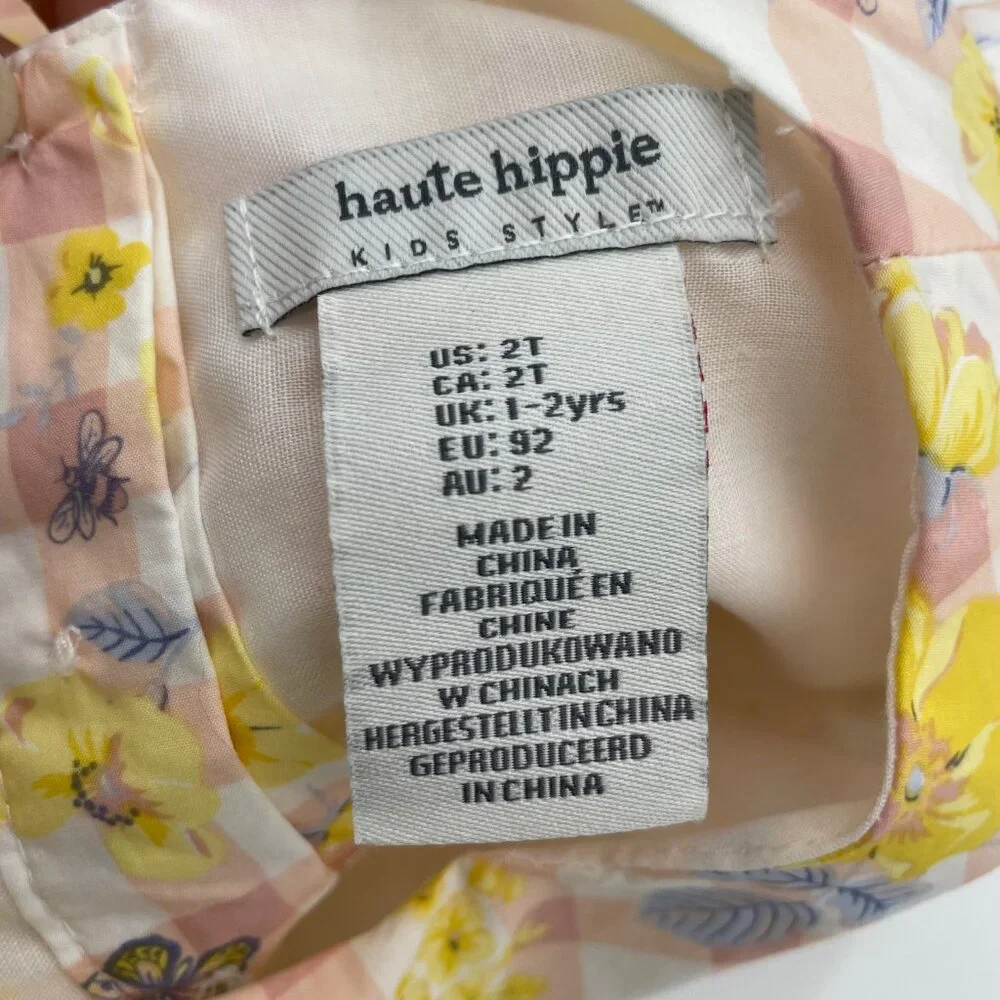 Haute Hippie Dress Gingham Floral Girl Size 2T Pink Yellow White‎ Puffed Sleeve